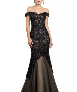 Cinderella Divine - A0401 Off Shoulder Lace Overlay Tulle Mermaid Gown Formal Gowns