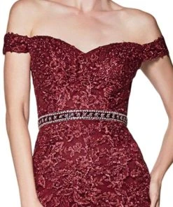 Cinderella Divine - AM122 Off Shoulder Beaded Lace Appliqued Gown Formal Gowns