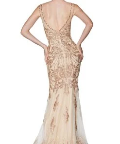 Formal Gowns Cinderella Divine - AM186 Embellished Lace V-Neck Dress