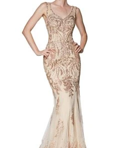 Formal Gowns Cinderella Divine - AM186 Embellished Lace V-Neck Dress