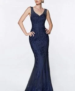 Formal Gowns Cinderella Divine - AM186 Embellished Lace V-Neck Dress