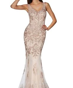 Formal Gowns Cinderella Divine - AM186 Embellished Lace V-Neck Dress