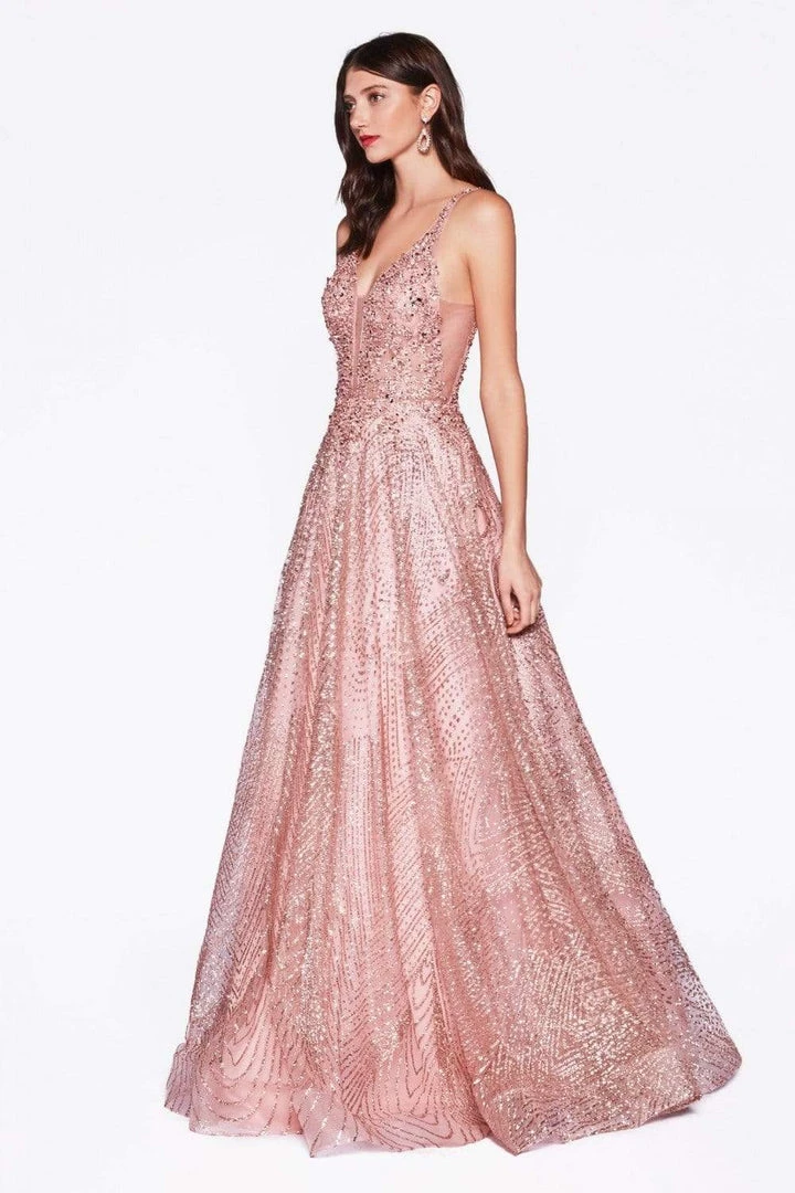 Cinderella Divine - AM258 Embellished Deep V-neck A-line Gown Formal Gowns 5 Cinderella Divine - AM258 Embellished Deep V-neck A-line Gown Formal Gowns