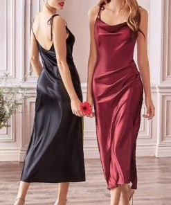 Cinderella Divine - BD103 Cowl Neck Satin Sheath Tea-Length Dress Cocktail Dresses