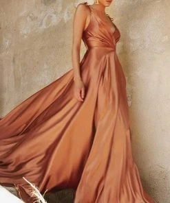 Formal Gowns Cinderella Divine - BD105 Tie Strap V-Neck Satin Gown