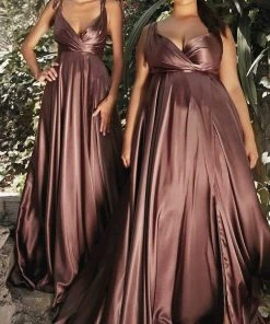 Formal Gowns Cinderella Divine - BD105 Tie Strap V-Neck Satin Gown