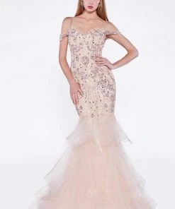 Cinderella Divine - CR776 Bead Embellished Ruffled Mermaid Evening Dress