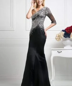 Cinderella Divine - Beaded Asymmetric Neck Trumpet Dress Formal Gowns