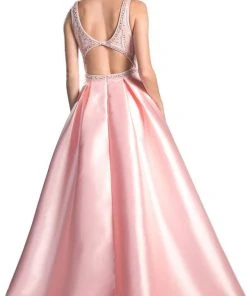 Cinderella Divine - Beaded Deep V-neck Satin Evening Gown Formal Gowns