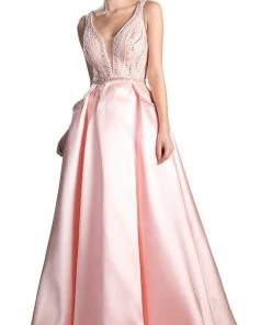 Cinderella Divine - Beaded Deep V-neck Satin Evening Gown Formal Gowns