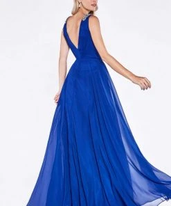 Cinderella Divine - J746 Beaded Plunging Ruched Evening Dress Formal Gowns
