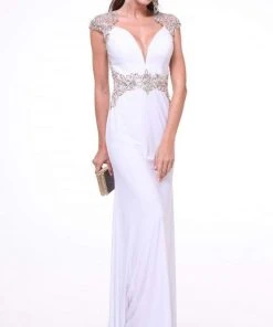 Formal Gowns Cinderella Divine - Bedazzled Deep V-neck Fitted Dress