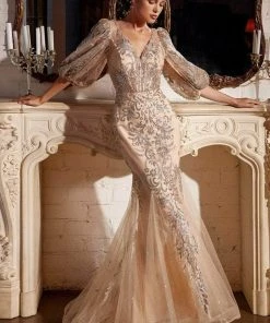 Cinderella Divine - Bishop Sleeve Glitter Evening Dress OC009 Formal Gowns