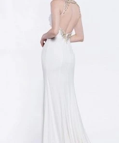 Cinderella Divine Bridal - 60547 Beaded High Halter High Slit Long Dress
