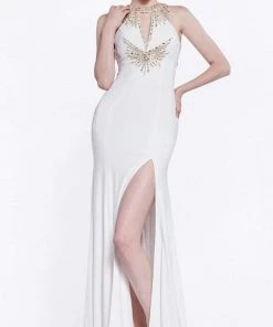 Cinderella Divine Bridal - 60547 Beaded High Halter High Slit Long Dress