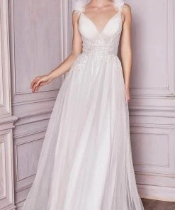 Cinderella Divine Bridal - Applique V-Neck Bridal Dress CD971W - 1 Pc Off White In Size 10 Available Formal Gowns