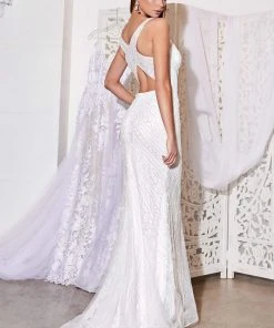 Formal Gowns Cinderella Divine Bridal - EW115 Crisscross Strapped Back Beaded Mermaid Gown