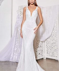 Formal Gowns Cinderella Divine Bridal - EW115 Crisscross Strapped Back Beaded Mermaid Gown