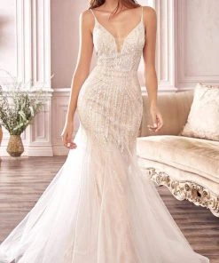 Cinderella Divine Bridal - Plunging V-Neck Embellished Mermaid Dress CDS401 - 1 Pc Off White In Size 10 Available