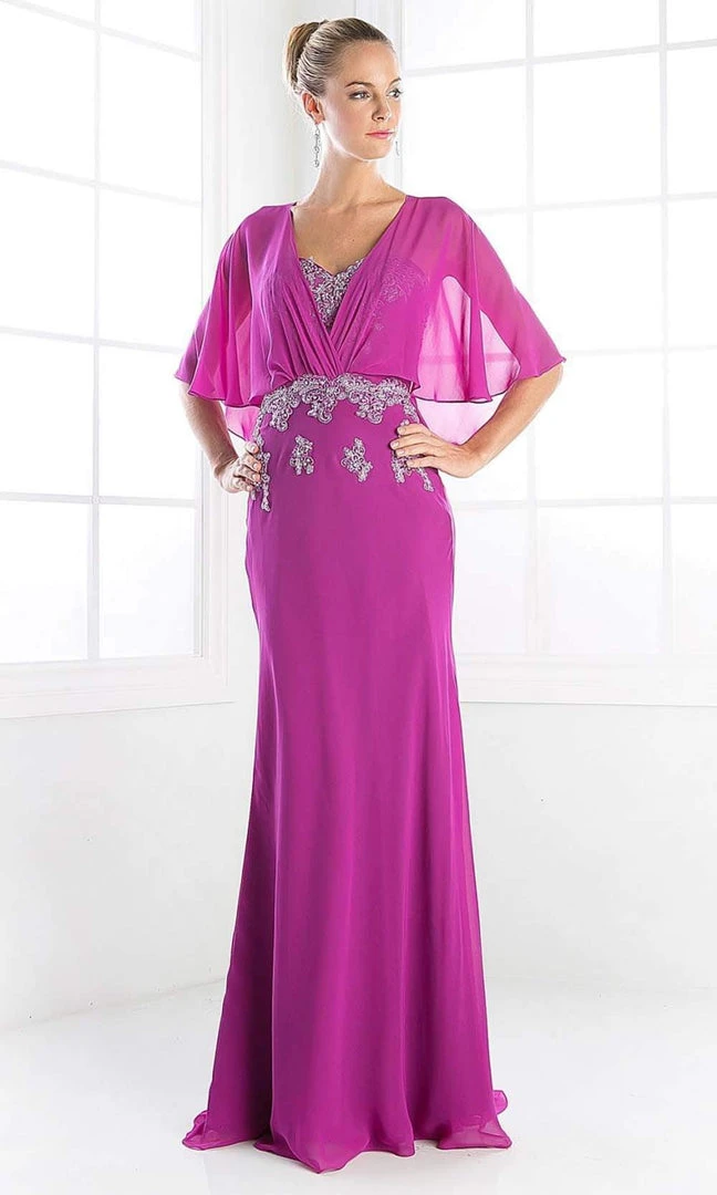 Cinderella Divine - C280 Sheer Batwing Capelet Metallic Appliqued Gown 5 Cinderella Divine - C280 Sheer Batwing Capelet Metallic Appliqued Gown
