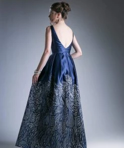 Cinderella Divine - C80142 Deep V Neckline Printed Satin Gown Formal Gowns