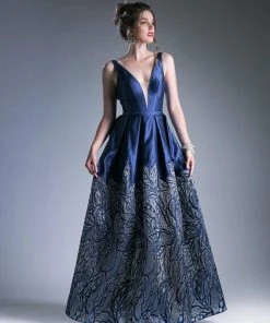 Cinderella Divine - C80142 Deep V Neckline Printed Satin Gown Formal Gowns