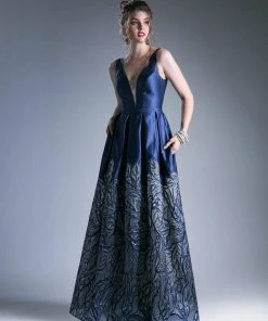 Cinderella Divine - C80142 Deep V Neckline Printed Satin Gown Formal Gowns