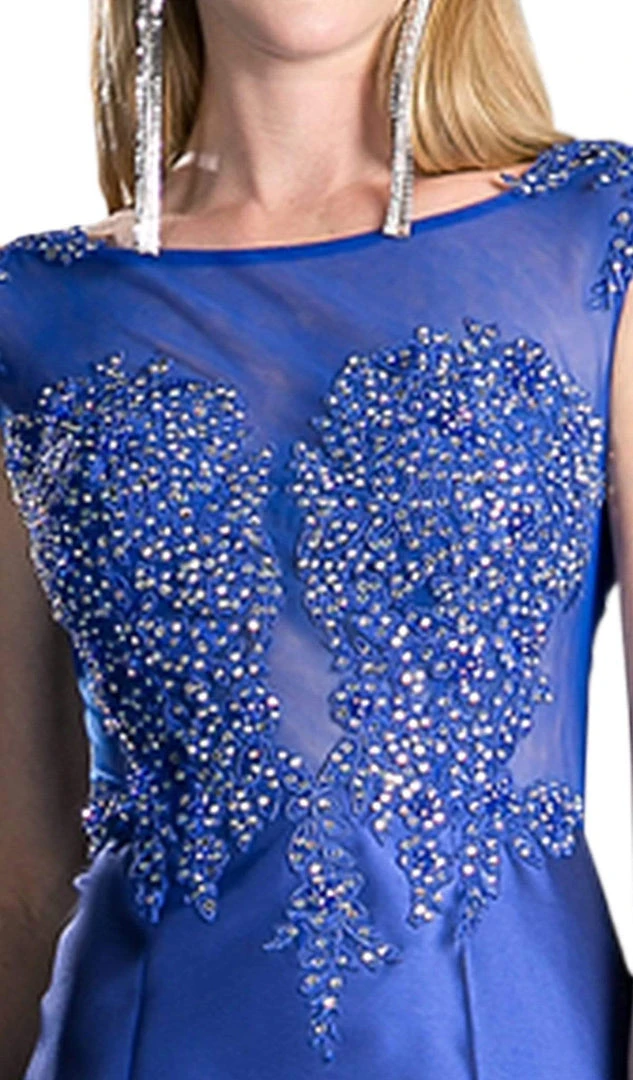 Cinderella Divine - 8984A Cap Sleeve Appliqued Plunging Illusion Gown Formal Gowns 9 Cinderella Divine - 8984A Cap Sleeve Appliqued Plunging Illusion Gown Formal Gowns