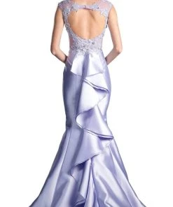 Cinderella Divine - 8984A Cap Sleeve Appliqued Plunging Illusion Gown Formal Gowns 20 Cinderella Divine - 8984A Cap Sleeve Appliqued Plunging Illusion Gown Formal Gowns