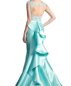 Cinderella Divine - 8984A Cap Sleeve Appliqued Plunging Illusion Gown Formal Gowns 21 Cinderella Divine - 8984A Cap Sleeve Appliqued Plunging Illusion Gown Formal Gowns