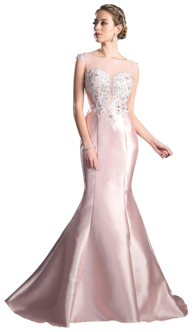 Cinderella Divine - 8984A Cap Sleeve Appliqued Plunging Illusion Gown Formal Gowns 12 Cinderella Divine - 8984A Cap Sleeve Appliqued Plunging Illusion Gown Formal Gowns