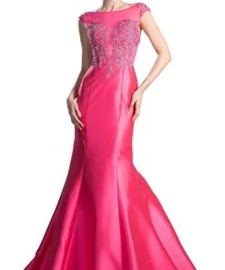Cinderella Divine - 8984A Cap Sleeve Appliqued Plunging Illusion Gown Formal Gowns