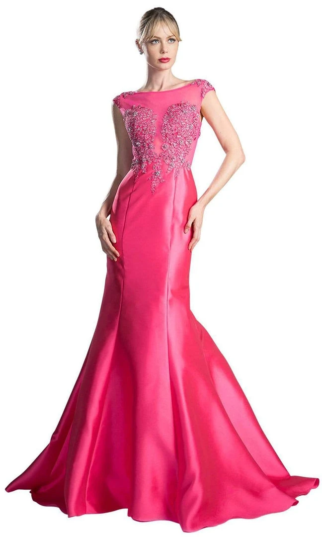 Cinderella Divine - 8984A Cap Sleeve Appliqued Plunging Illusion Gown Formal Gowns 3 Cinderella Divine - 8984A Cap Sleeve Appliqued Plunging Illusion Gown Formal Gowns