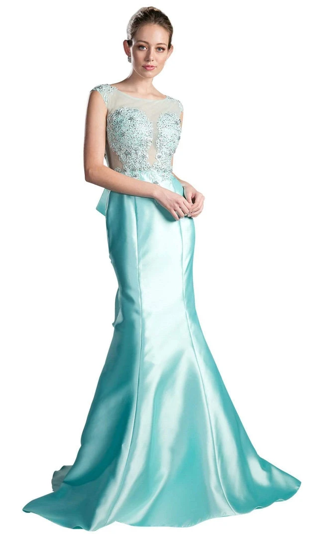 Cinderella Divine - 8984A Cap Sleeve Appliqued Plunging Illusion Gown Formal Gowns 5 Cinderella Divine - 8984A Cap Sleeve Appliqued Plunging Illusion Gown Formal Gowns