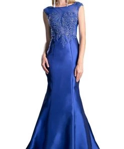 Cinderella Divine - 8984A Cap Sleeve Appliqued Plunging Illusion Gown Formal Gowns 18 Cinderella Divine - 8984A Cap Sleeve Appliqued Plunging Illusion Gown Formal Gowns