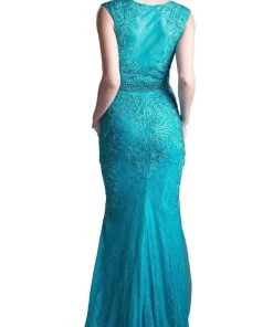 Formal Gowns Cinderella Divine - Cap Sleeve Illusion Jewel Soutache Lace Evening Gown