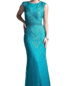 Formal Gowns Cinderella Divine - Cap Sleeve Illusion Jewel Soutache Lace Evening Gown