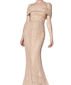 Cinderella Divine - CB0032 Off Shoulder Beaded Lace Mermaid Gown