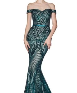 Cinderella Divine - CB0039 Sparkly Sequin Off-Shoulder Evening Gown Formal Gowns