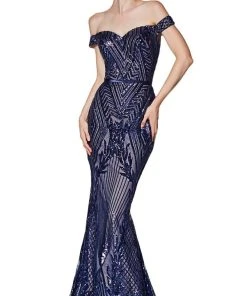 Cinderella Divine - CB0039 Sparkly Sequin Off-Shoulder Evening Gown Formal Gowns