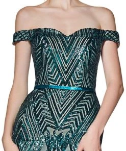 Cinderella Divine - CB0039 Sparkly Sequin Off-Shoulder Evening Gown Formal Gowns