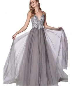 Cinderella Divine - CD0128 Applique Detailed Bodice Tulle A-Line Gown 13 Cinderella Divine - CD0128 Applique Detailed Bodice Tulle A-Line Gown