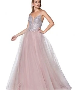 Cinderella Divine - CD0128 Applique Detailed Bodice Tulle A-Line Gown 14 Cinderella Divine - CD0128 Applique Detailed Bodice Tulle A-Line Gown