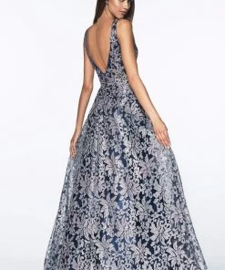 Cinderella Divine - CD0131 Floral Embellished Deep V-neck A-line Dress