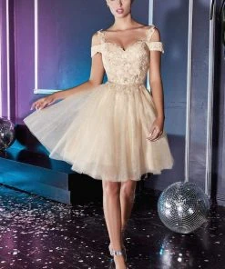Cocktail Dresses Cinderella Divine - CD0132 Cold Shoulder Lace And Glitter Tulle Cocktail Dress