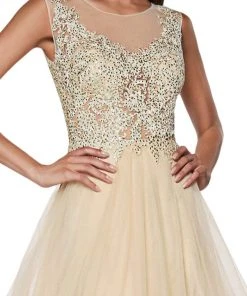 Cinderella Divine - CD0136 Beaded Lace Illusion Neckline Tulle Gown Formal Gowns