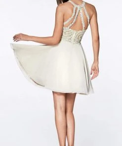 Cocktail Dresses Cinderella Divine - CD0141 Beaded Lace Halter Neck Chiffon Cocktail Dress - 1 Pc Blush In Size XS And 1 Pc Champagne In Size M Available