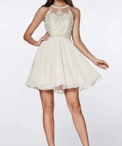 Cocktail Dresses Cinderella Divine - CD0141 Beaded Lace Halter Neck Chiffon Cocktail Dress - 1 Pc Blush In Size XS And 1 Pc Champagne In Size M Available