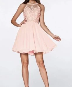 Cocktail Dresses Cinderella Divine - CD0141 Beaded Lace Halter Neck Chiffon Cocktail Dress - 1 Pc Blush In Size XS And 1 Pc Champagne In Size M Available