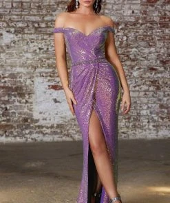 Cinderella Divine - CD158 Sequined Off-Shoulder Gown With Slit Formal Gowns 11 Cinderella Divine - CD158 Sequined Off-Shoulder Gown With Slit Formal Gowns